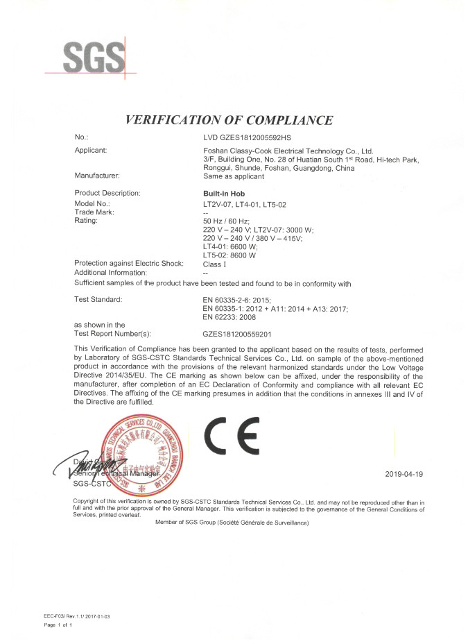 China Foshan Classy-Cook Electrical Technology Co. Ltd. Certificaciones